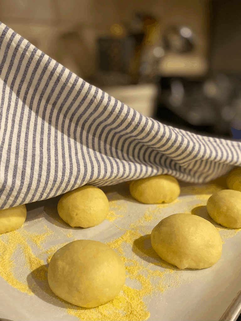 unbaked brioche buns on cornmeal dusted parchment lined baking sheets with blue striped towel