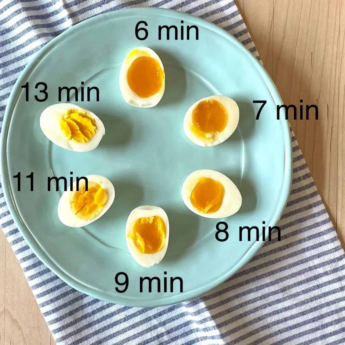 6 egg halves cooked to different doneness on blue plate