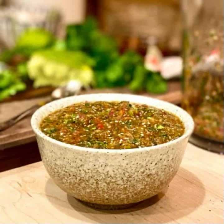 speckled bowl filled with tomatillo salsa