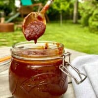 chipotle rhubarb bbq sauce with hand