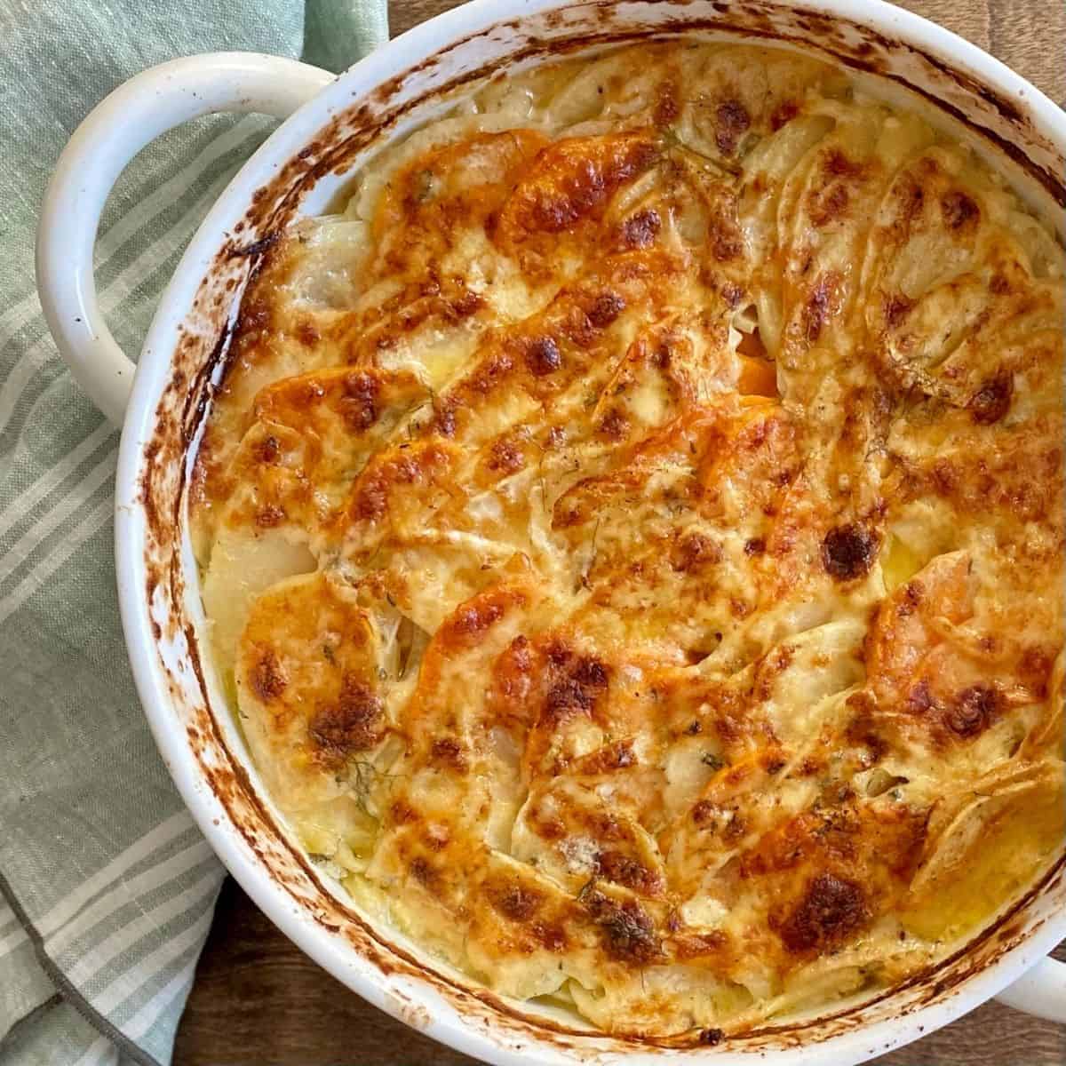 baked fennel and sweet potato gratin in round casserole next to green napkin