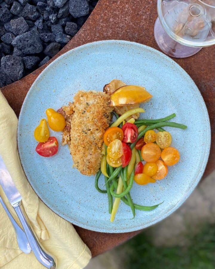 plated lemon basil rockfish with green beans and tomatoes