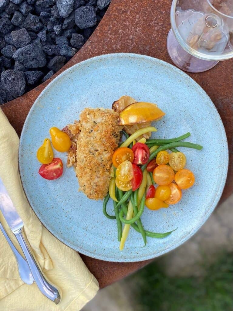 plated lemon basil rockfish with green beans and tomatoes