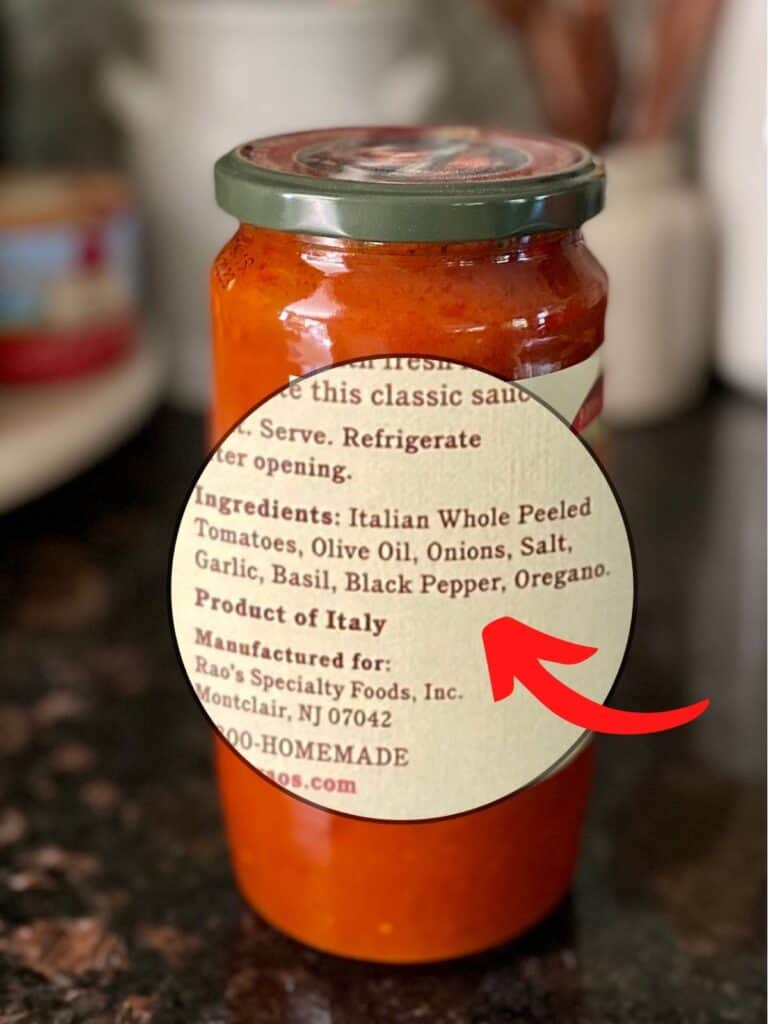 Ingredients label on jar of Roa's Marinara
