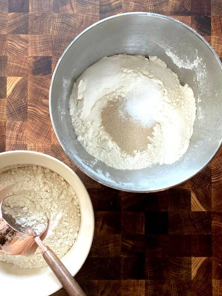 mixing bowls with dough ingredients