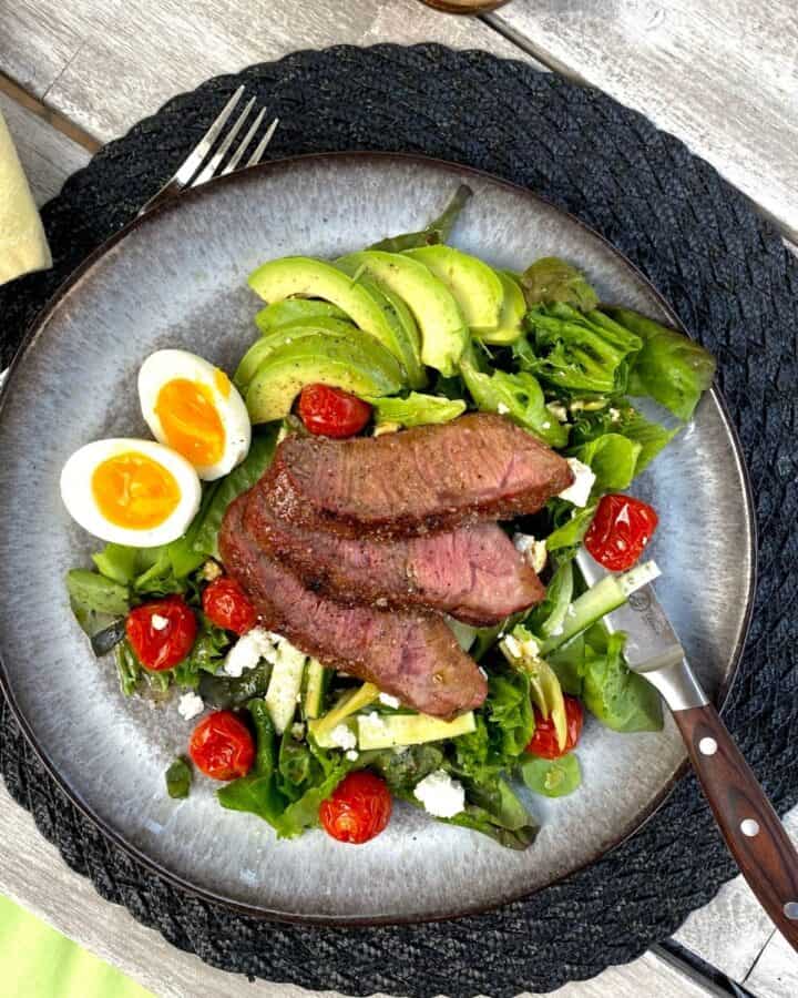 Steak salad with jammy eggs and slow roasted tomatoes