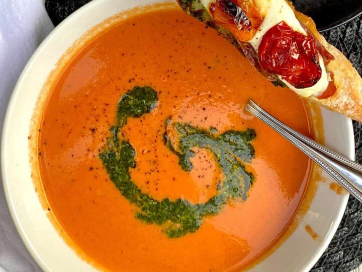 Creamy Tomato Soup With Caprese Crostinis • Breathing And Cooking